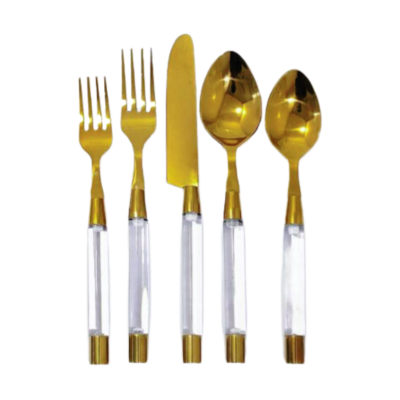 gold and clear acrylic flatware rentals