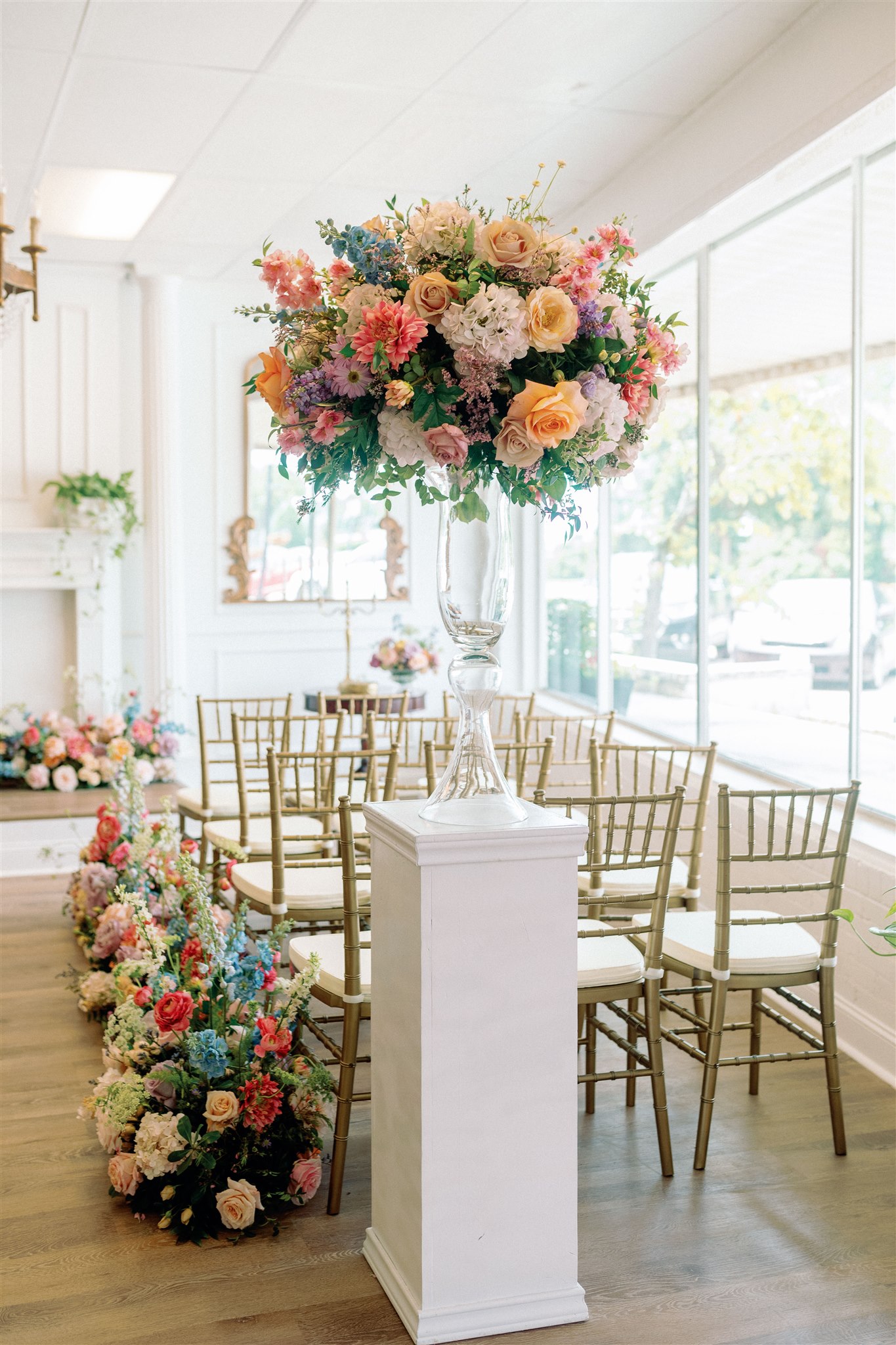 Tall Centerpiece, blue and coral summer wedding at the Andolina - Intimate ceremony